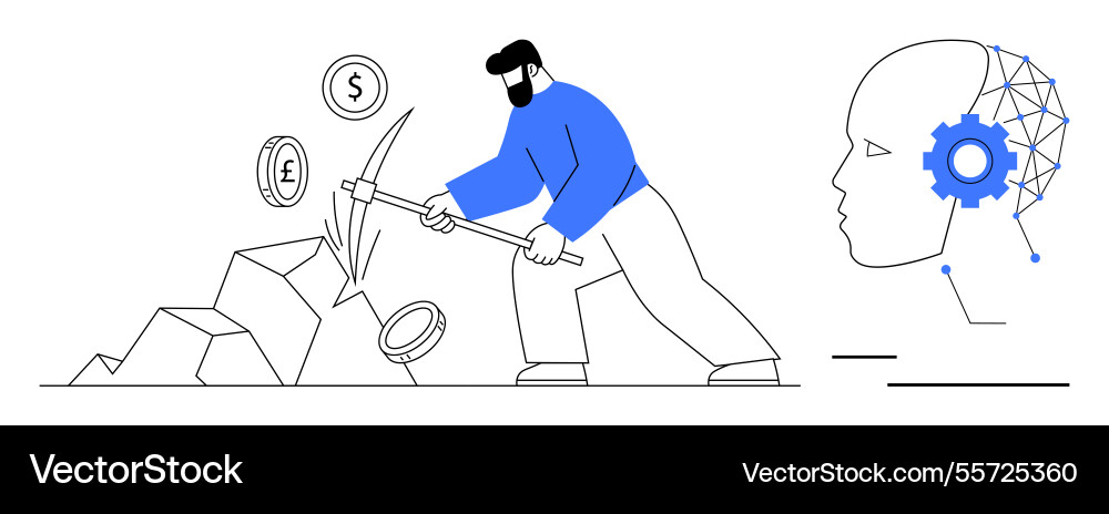 Man mining cryptocurrency with pickaxe beside ai Man mining cryptocurrency with pickaxe beside ai Vector Image
