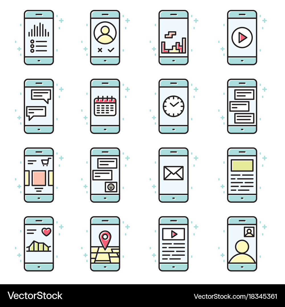 Smart phone functions and apps icon set vector image