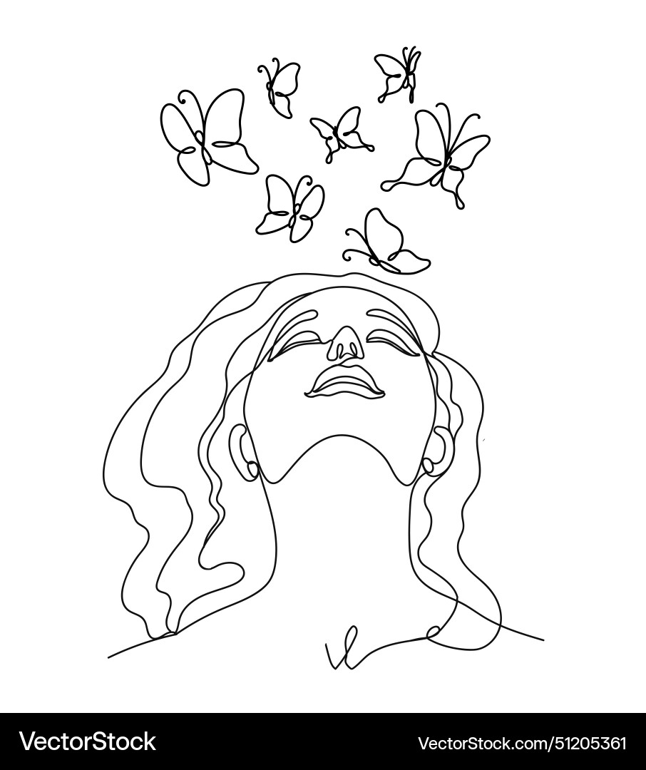 Woman face with butterfly line hand drawing vector image