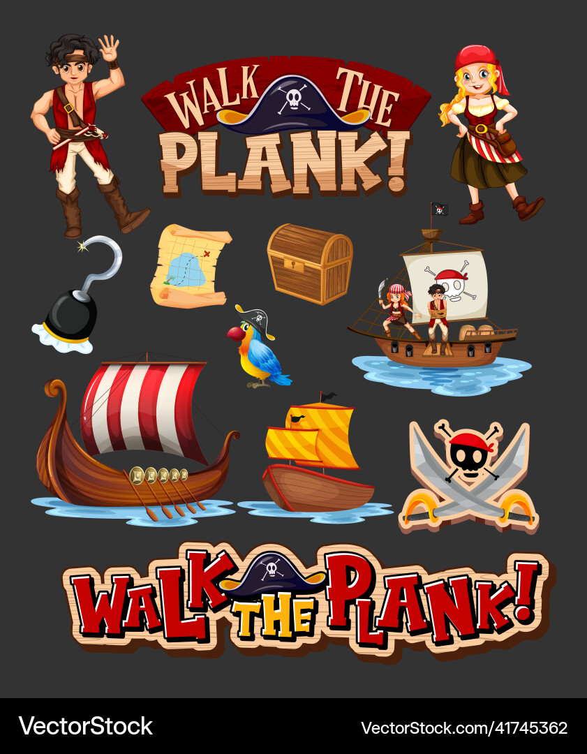 Set of pirate cartoon characters and objects vector image