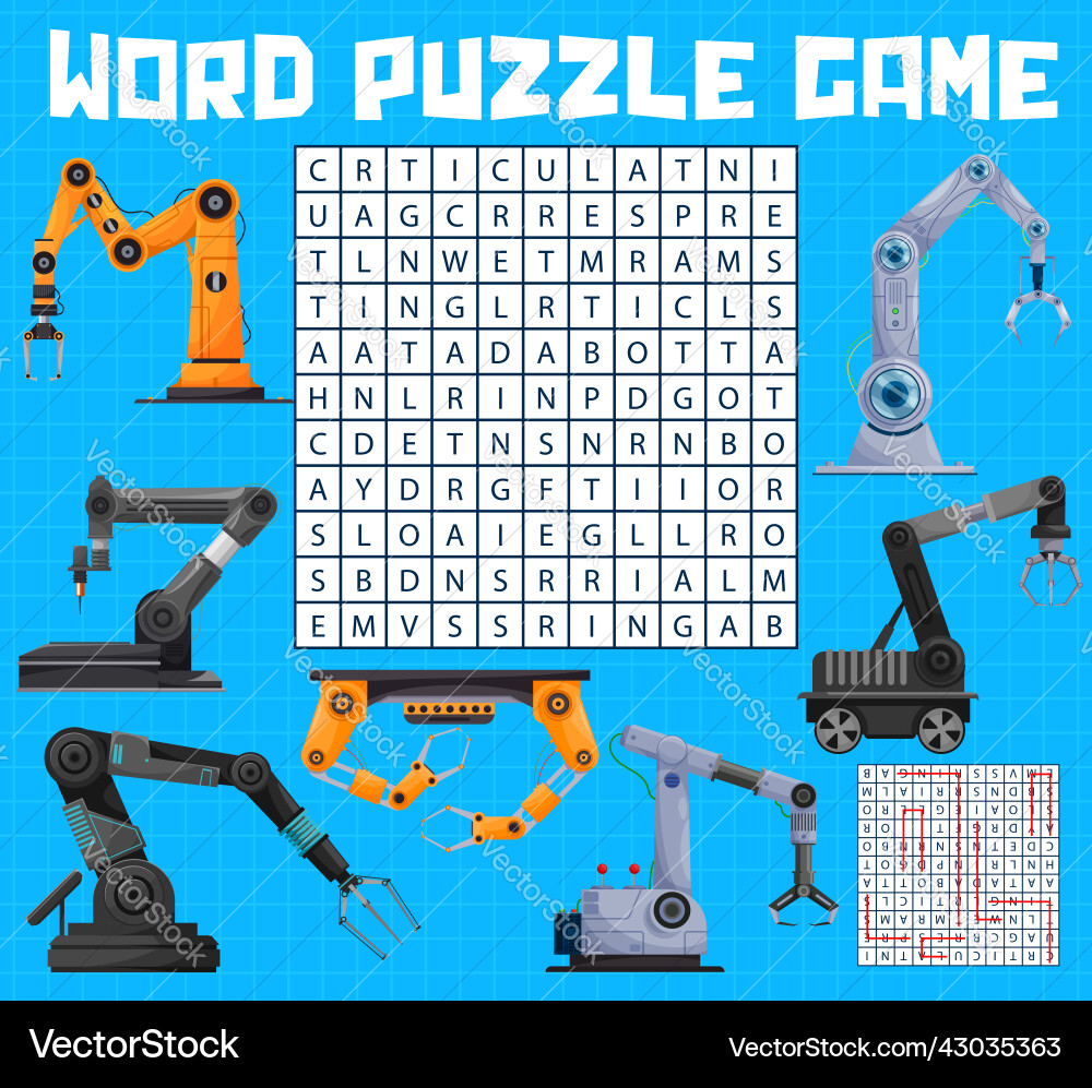 Robot arms on factory word search puzzle game Robot arms on factory word search puzzle game vector image