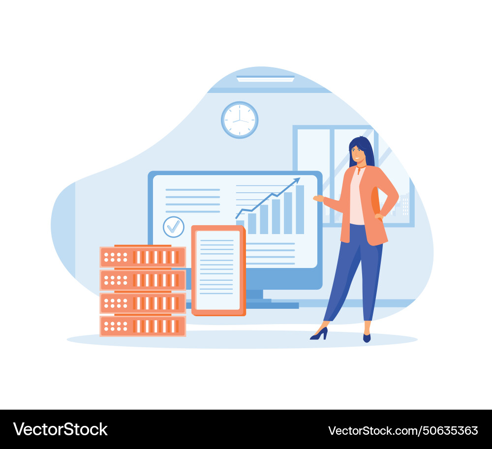 Woman using remote servers computer to analyzing Woman using remote servers computer to analyzing vector image