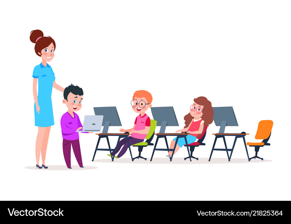 Kids in computer lab school children coding vector image