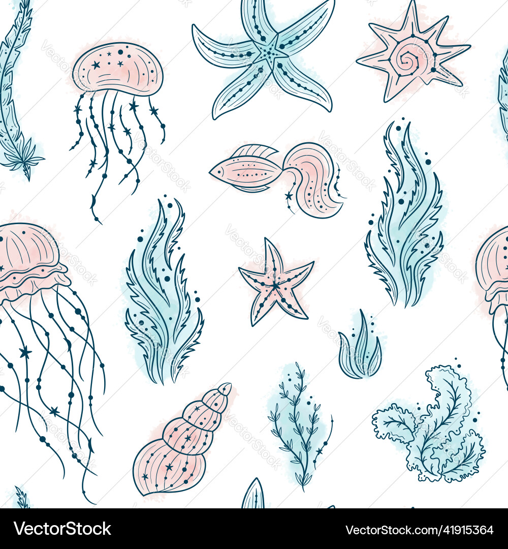Seamless pattern with seashells seaweed fish Vector Image