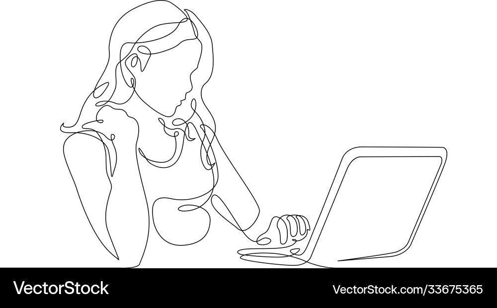 Continuous line drawing girl sits at a laptop Continuous line drawing girl sits at a laptop vector image