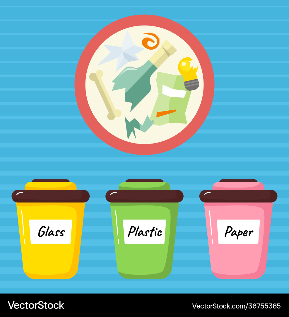 Garbage sorting different color recycle bins Garbage sorting different color recycle bins Vector Image