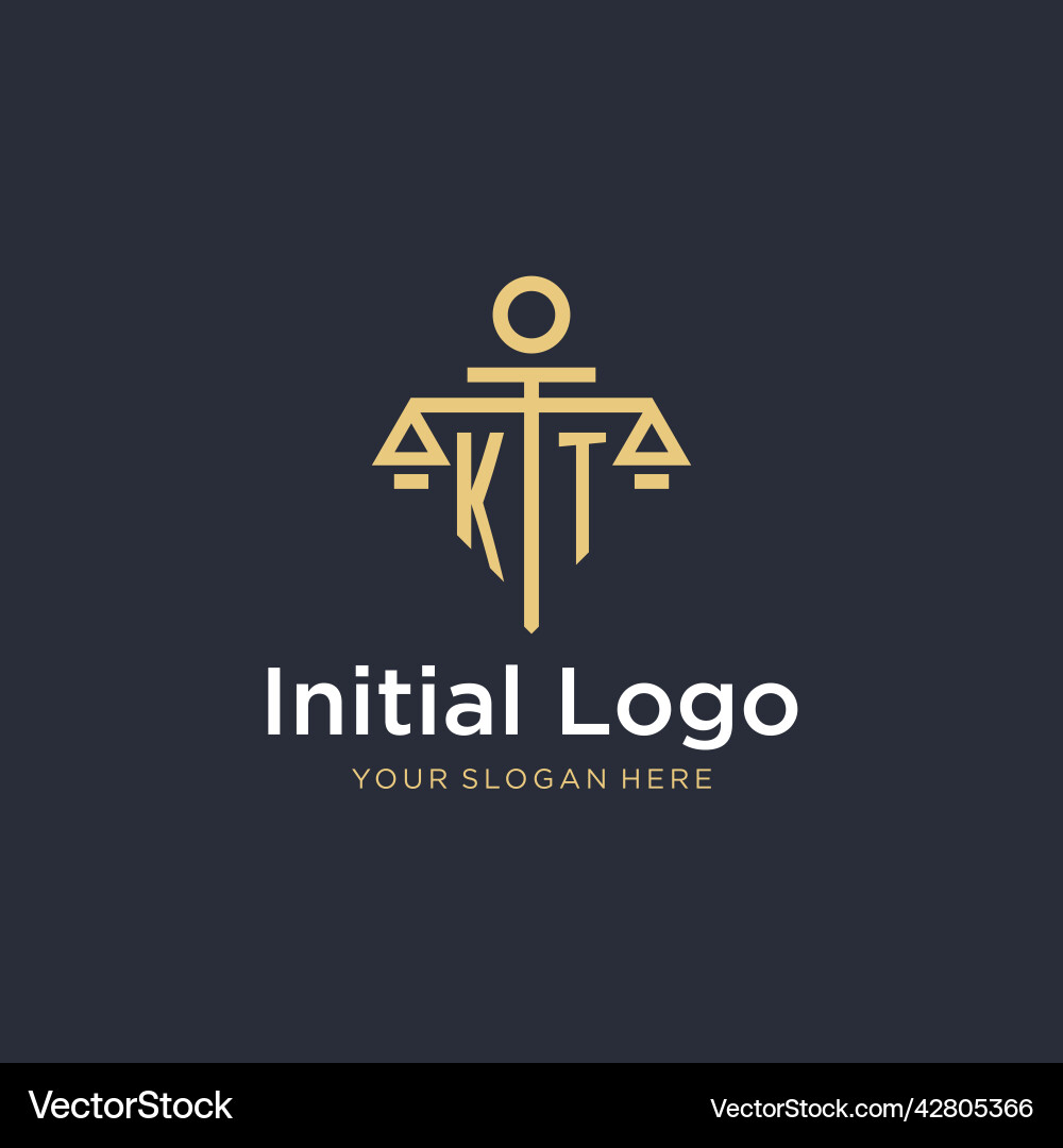 Kt initial monogram logo with scale and pillar Vector Image