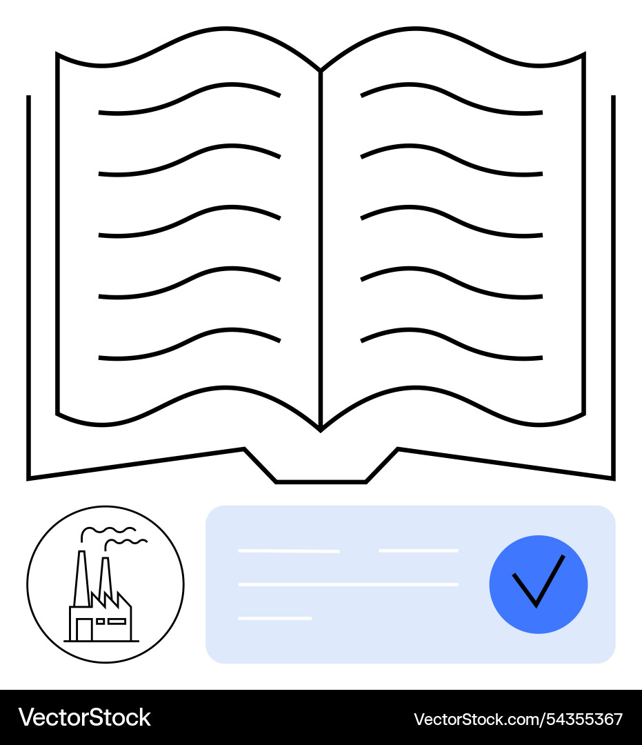 Open book with factory icon and checkmark Vector Image