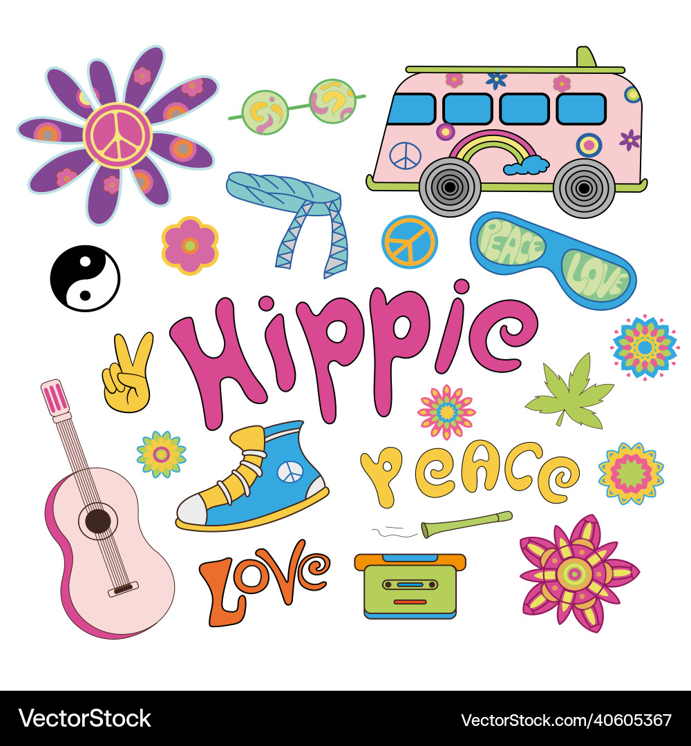 Stickers with hippie objects and symbols Vector Image