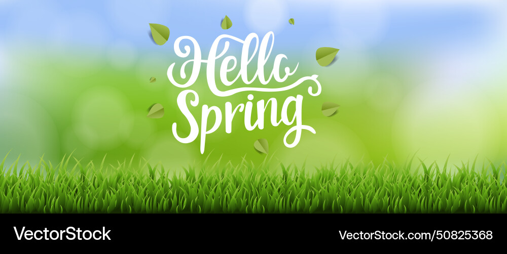 Hello spring text banner with grass and bokeh vector image
