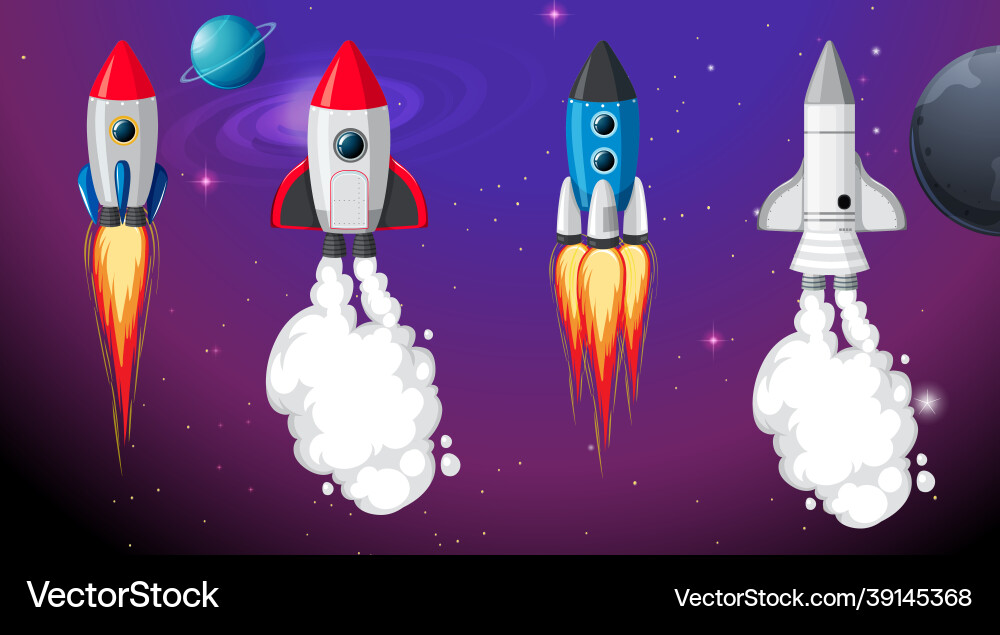 Set of different rocket and spaceship in space Set of different rocket and spaceship in space vector image