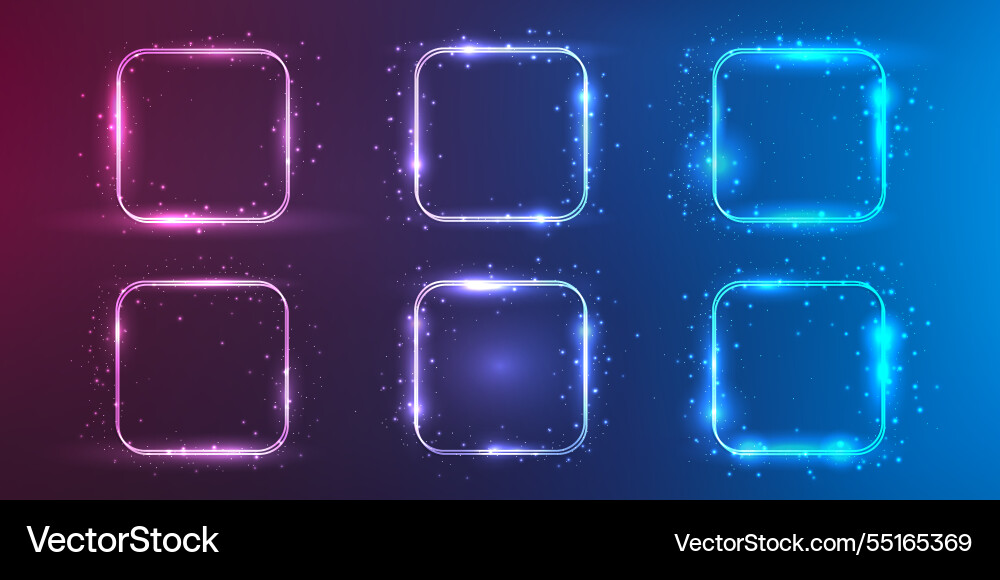 Neon double rounded square frame with shining Vector Image