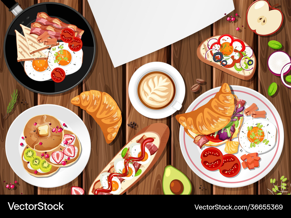 Top view breakfast set on table Top view breakfast set on table vector image