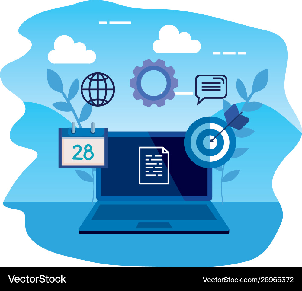 Laptop computer with document and icons Laptop computer with document and icons Vector Image