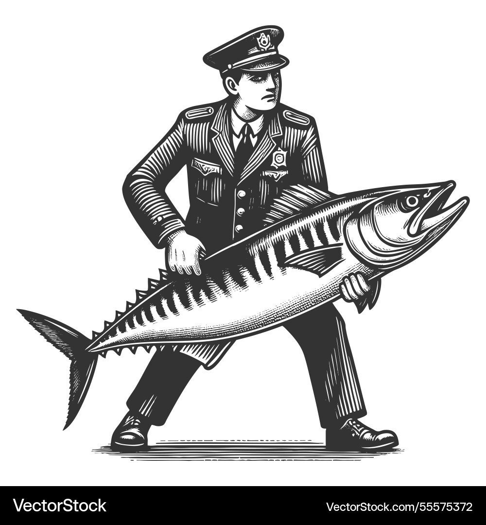Police officer arrests giant mackerel fish Vector Image
