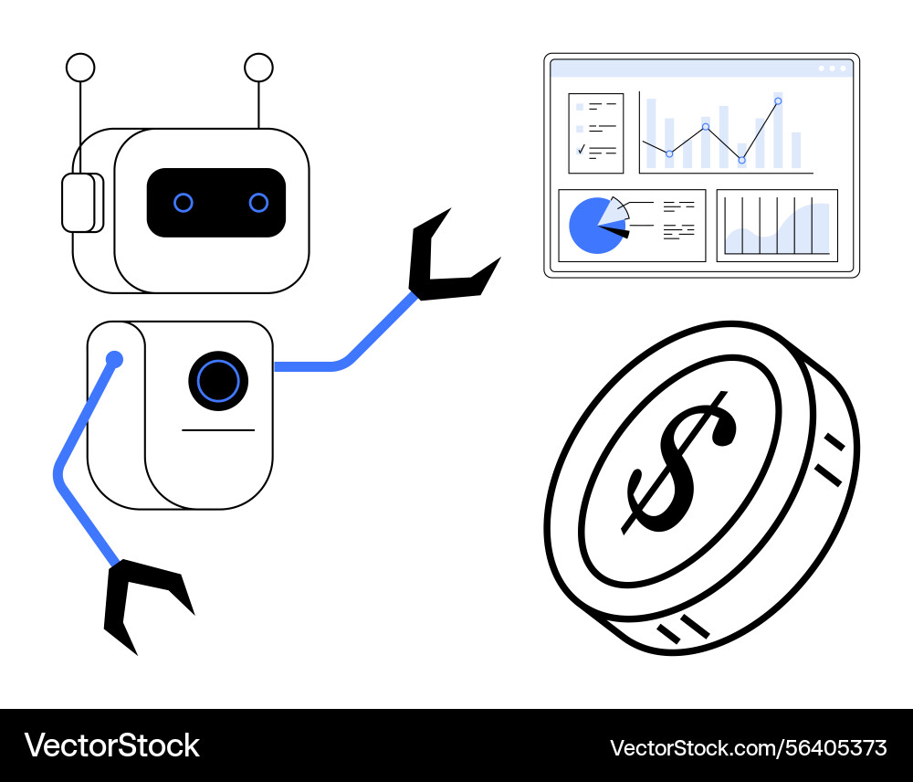 Robot analyzing financial data with graphs Vector Image