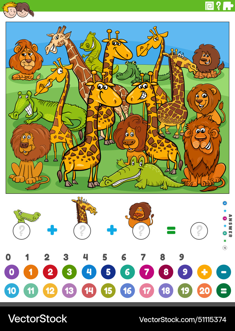 Counting and adding activity with cartoon animals Counting and adding activity with cartoon animals Vector Image