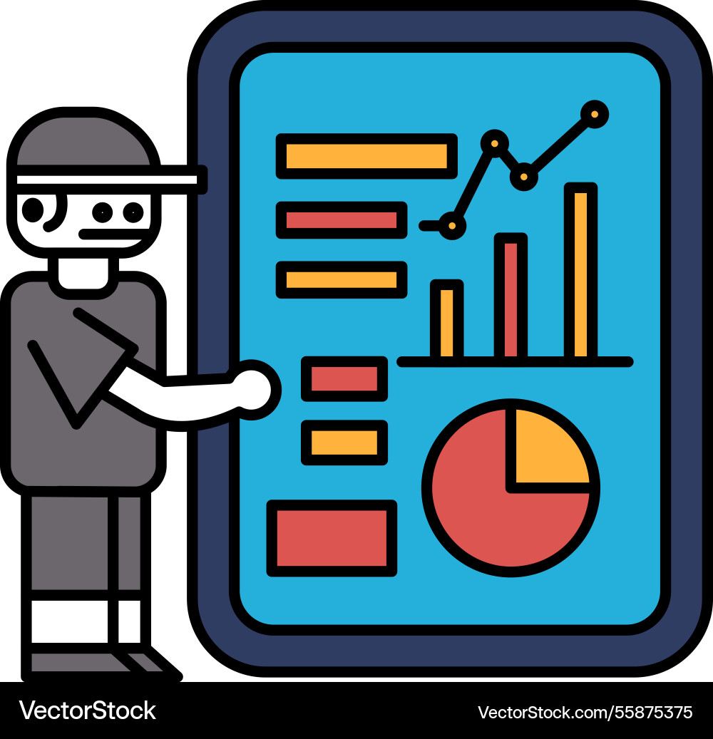 Robot is pointing at a graph on screen Robot is pointing at a graph on screen Vector Image