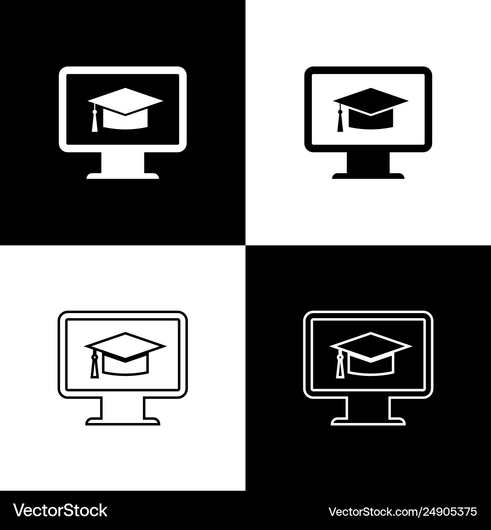 Set computer monitor with graduation cap icons Set computer monitor with graduation cap icons Vector Image