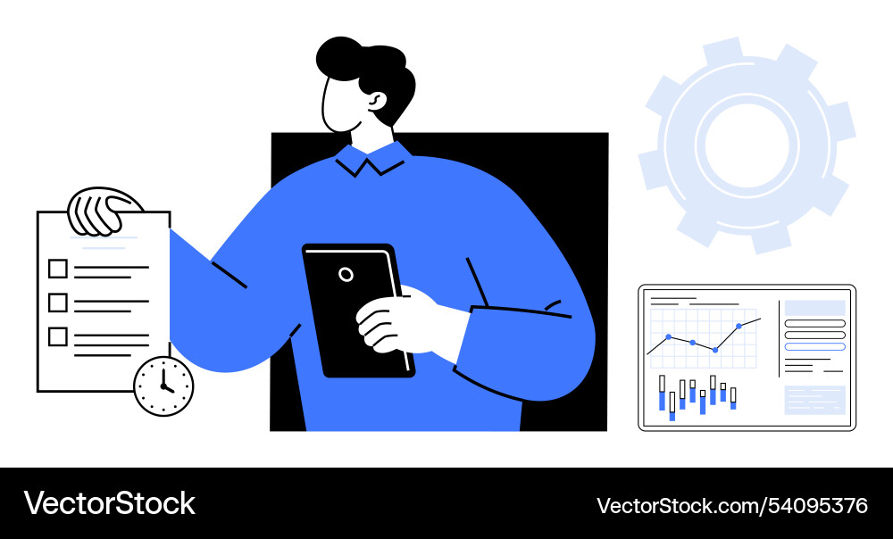Man holding tablet with checklist clock Man holding tablet with checklist clock vector image