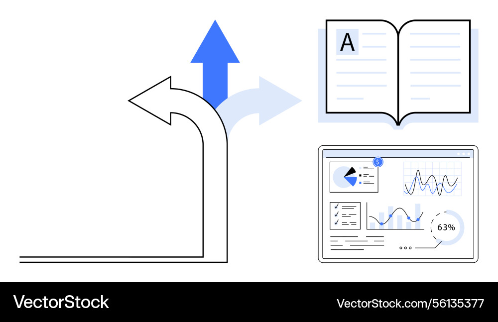 Decision path with growth arrows open book Decision path with growth arrows open book Vector Image