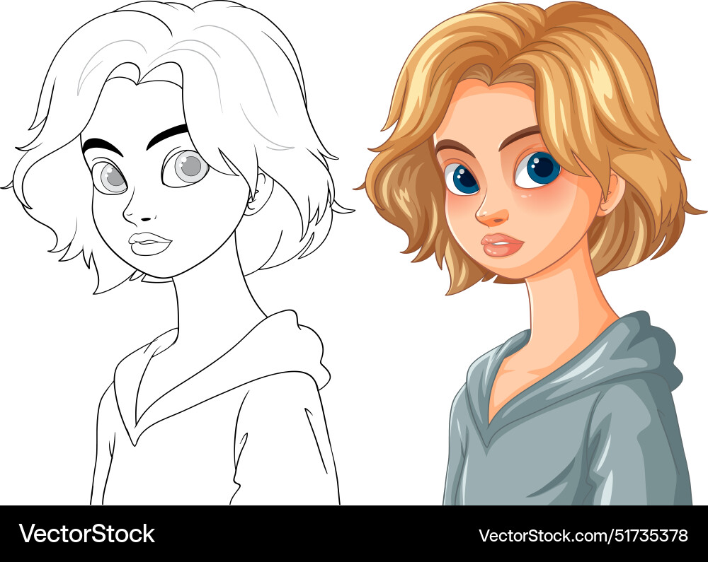 Colored and outlined versions of a young woman Vector Image