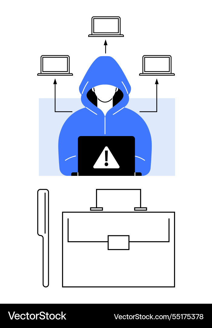 Hacker in hoodie accessing data with laptop Hacker in hoodie accessing data with laptop vector image