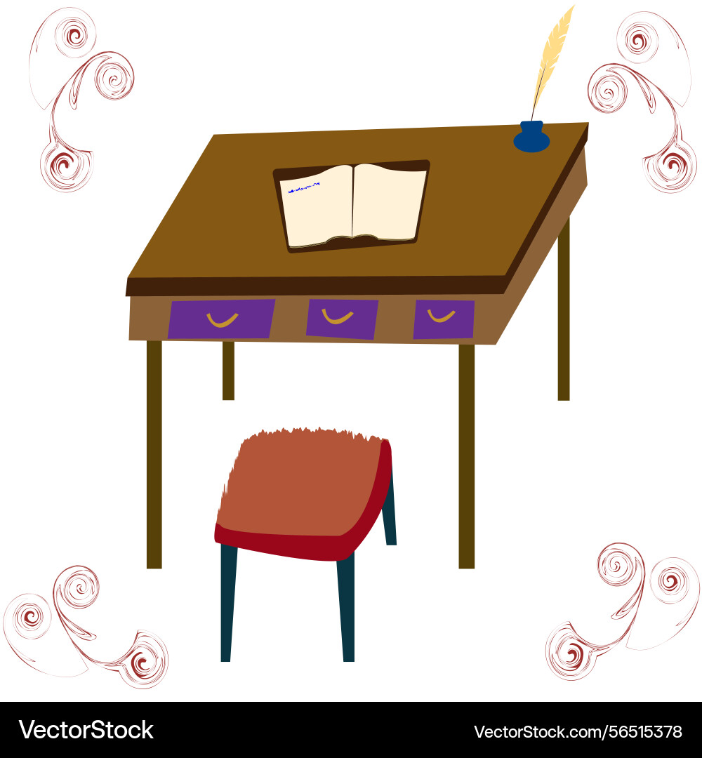 Open notebook on a table with single stool Open notebook on a table with single stool vector image