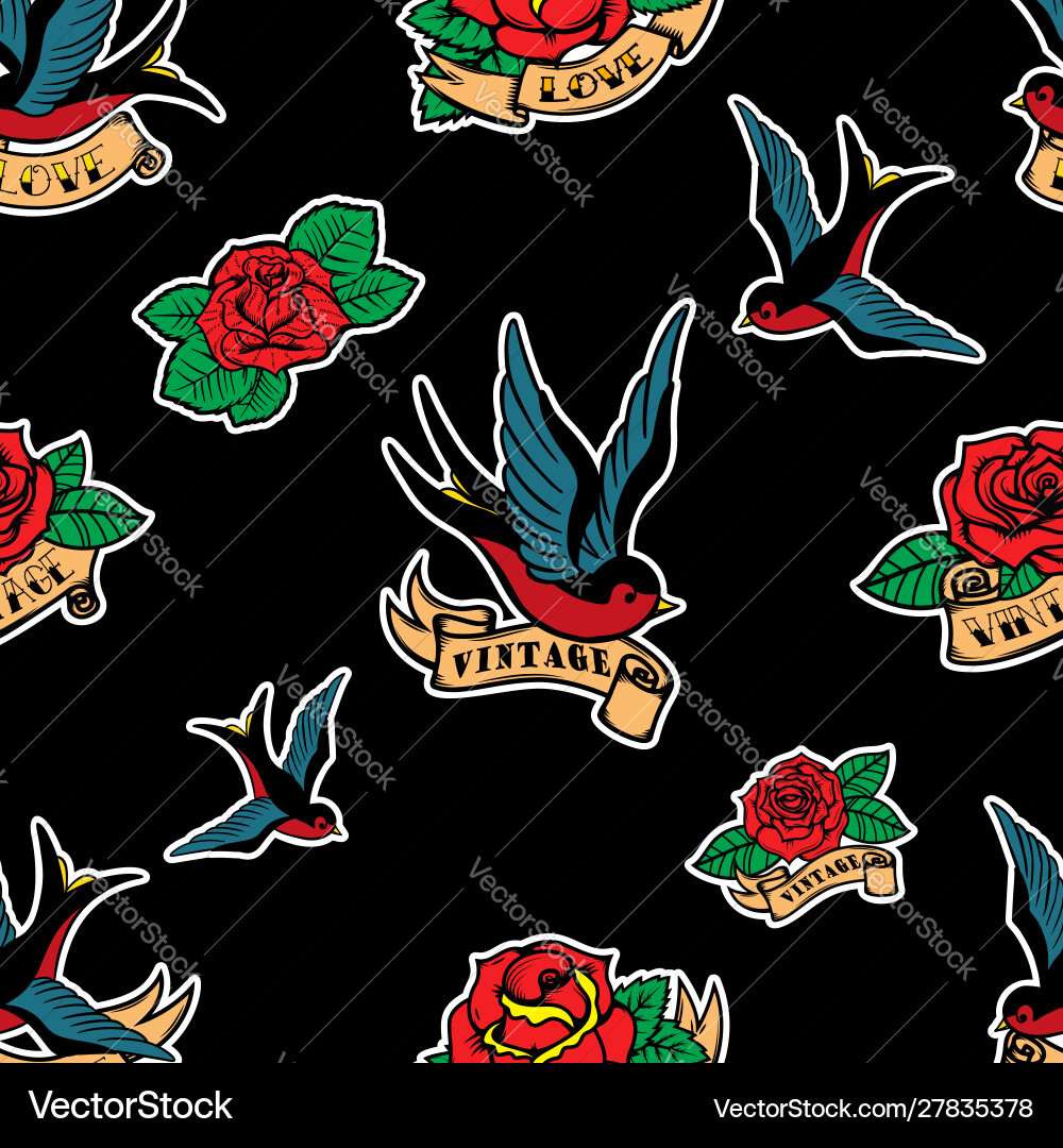 Seamless pattern with swallows and roses in old Seamless pattern with swallows and roses in old vector image