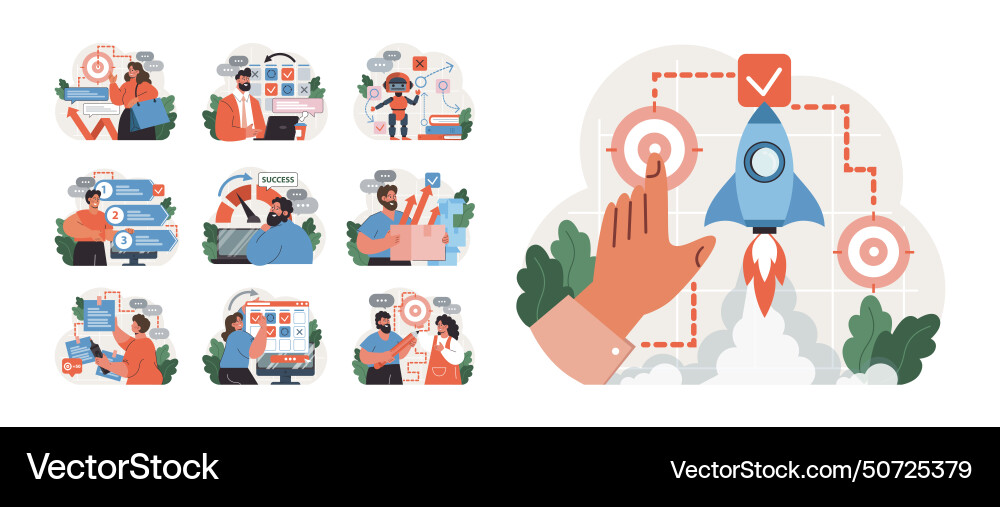 Progress set work optimization and efficiency Progress set work optimization and efficiency vector image