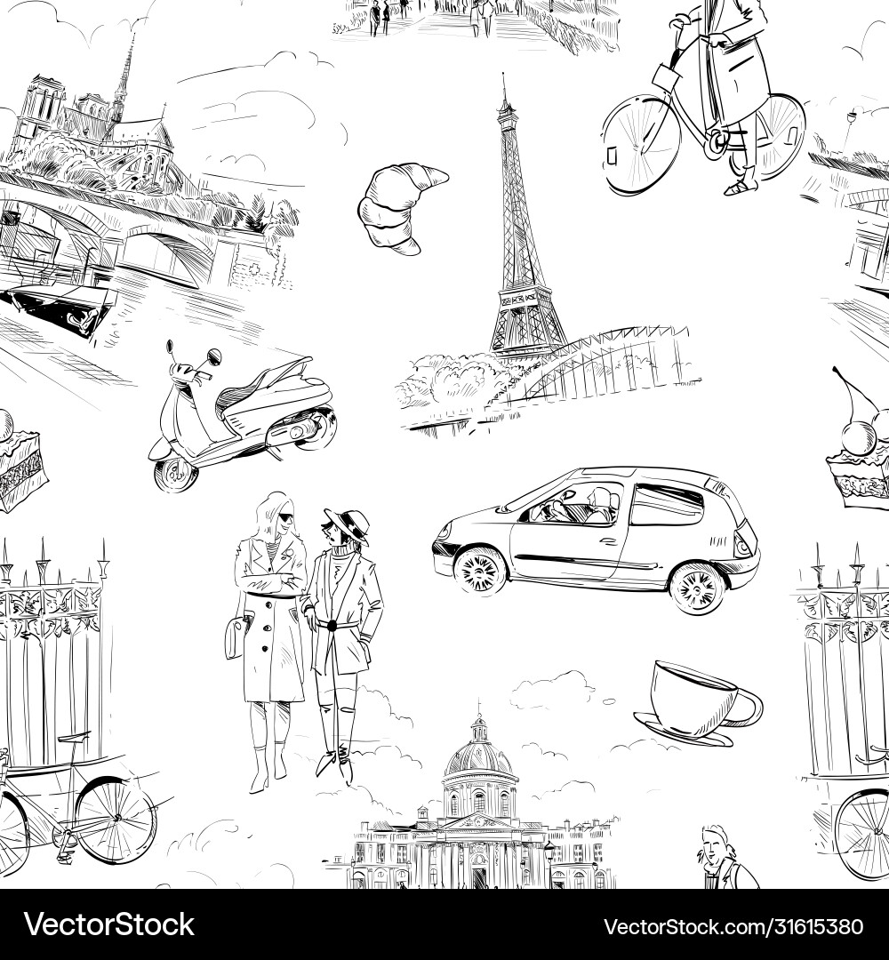 Seamless pattern landmarks and cafes france Seamless pattern landmarks and cafes france vector image