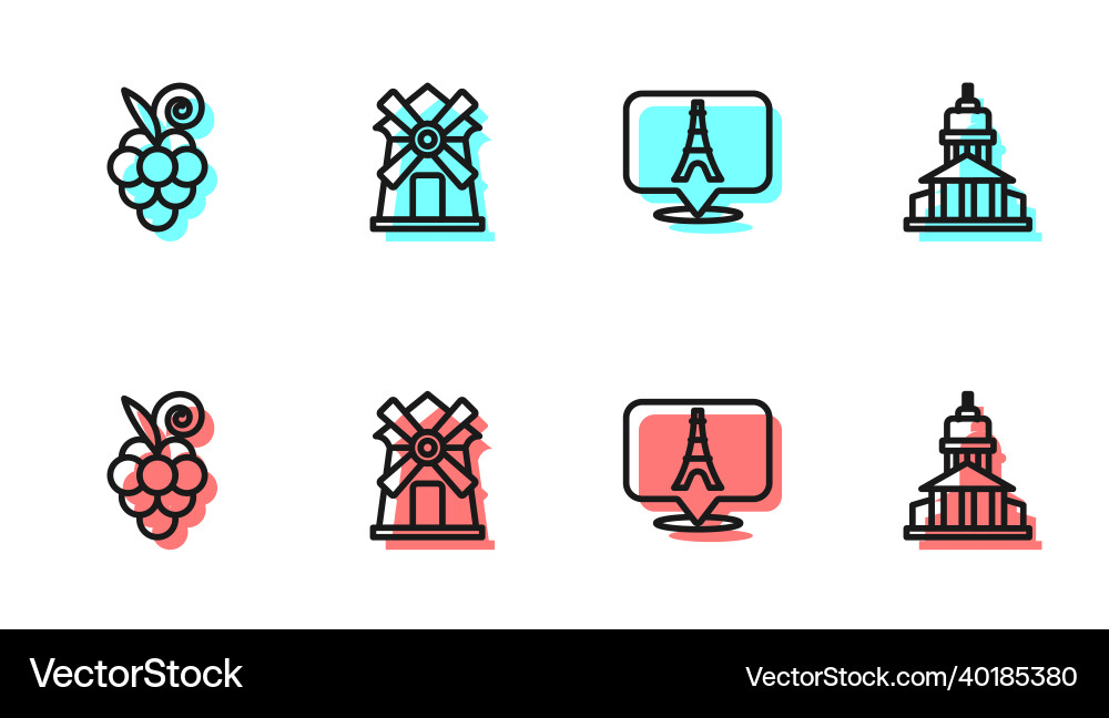 Set line eiffel tower grape fruit windmill Vector Image