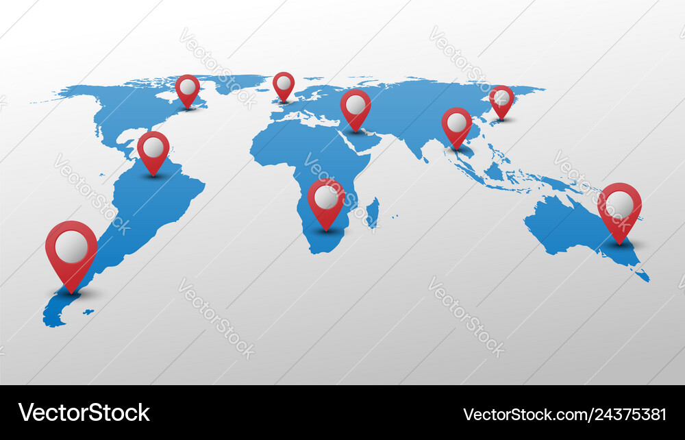 Blue world map with red pin pointer vector image