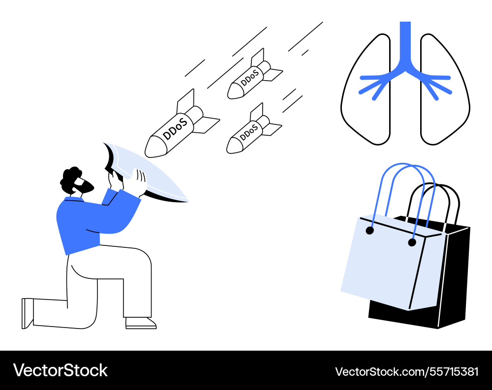 Man shielding from ddos attacks with lungs Man shielding from ddos attacks with lungs Vector Image