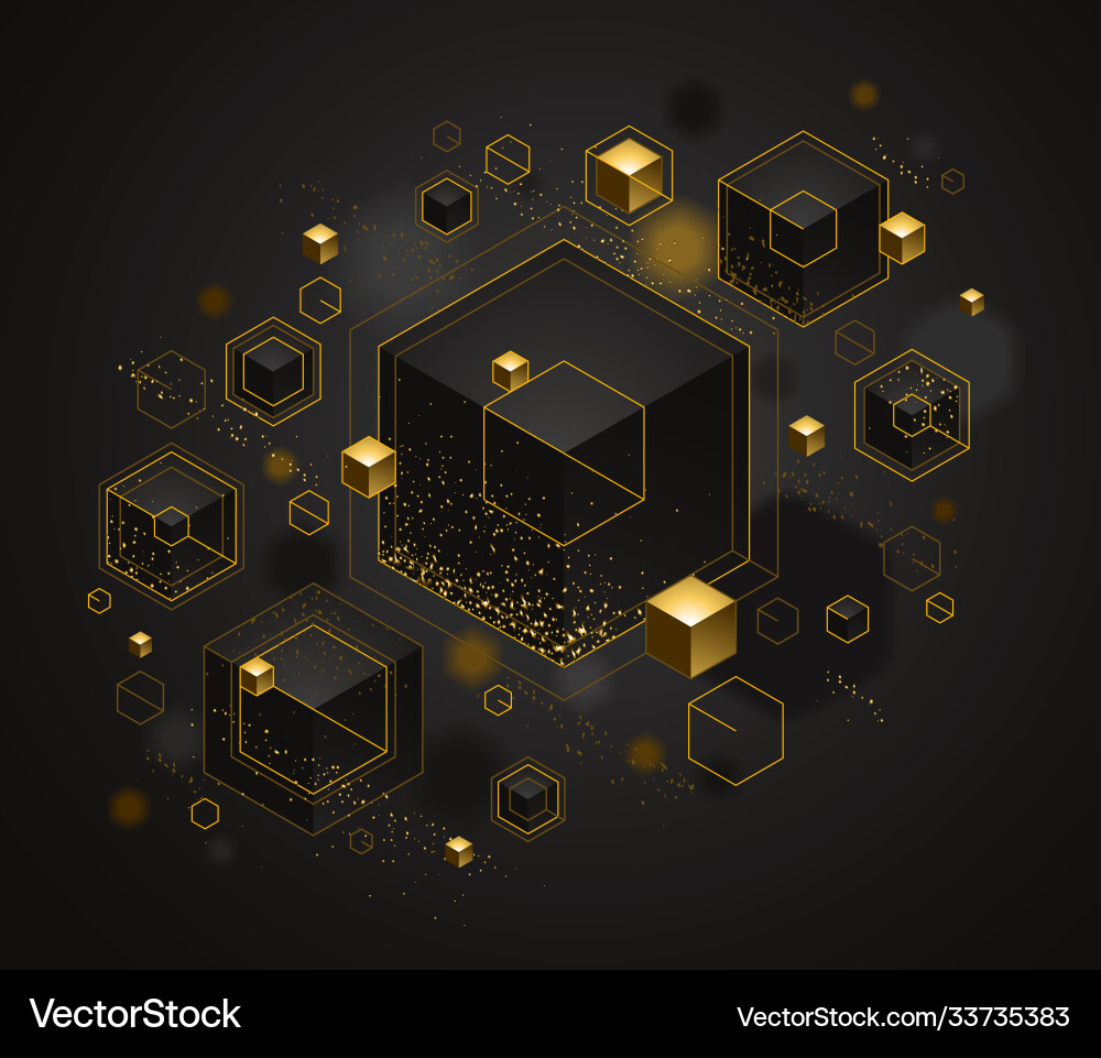 Cubes cluster with golden elements lines and dots Cubes cluster with golden elements lines and dots Vector Image