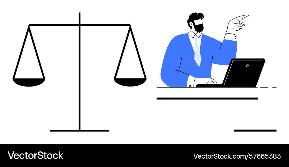 Man at desk using laptop pointing with justice Man at desk using laptop pointing with justice vector image