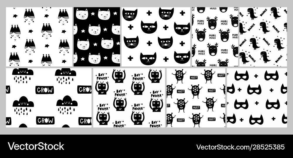 Set seamless scandinavian patterns with cats Set seamless scandinavian patterns with cats Vector Image