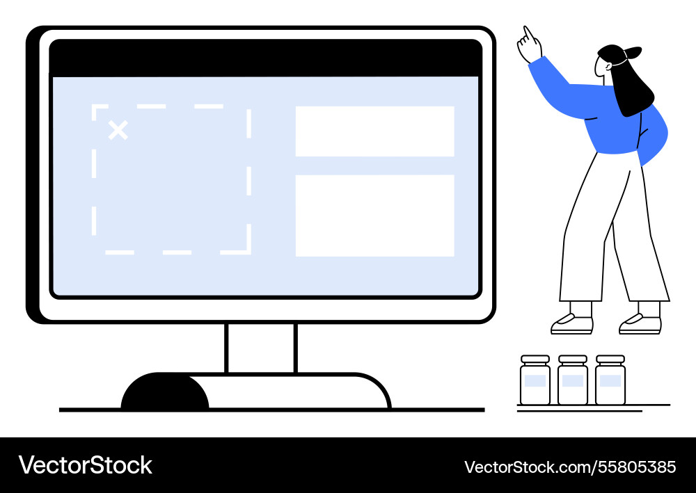 Woman pointing at computer screen with interface Woman pointing at computer screen with interface vector image