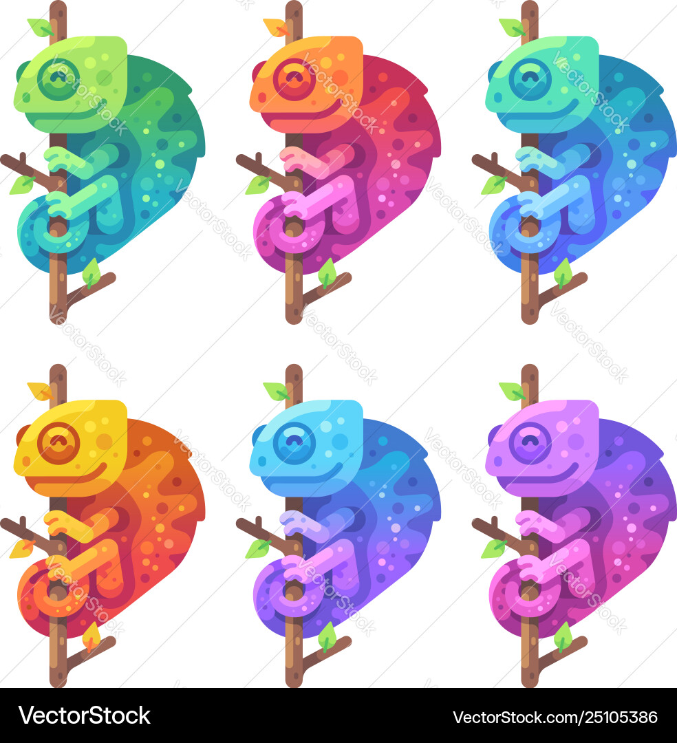 Set colorful gradient chameleons on tree branch Vector Image