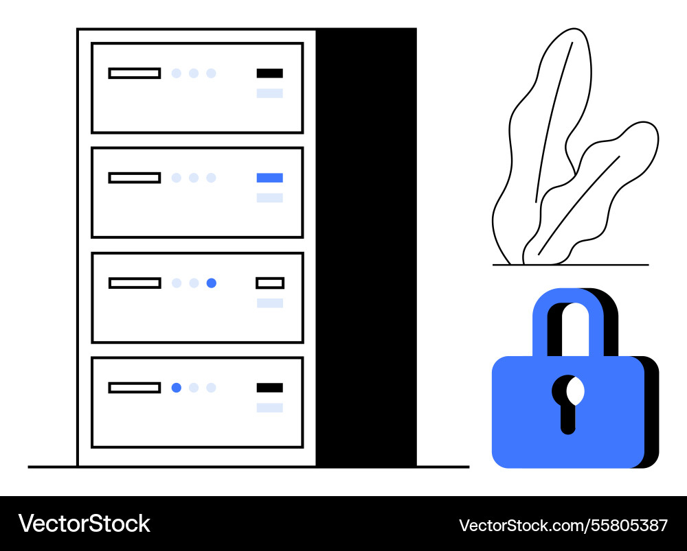 Data security concept with server rack and padlock Vector Image