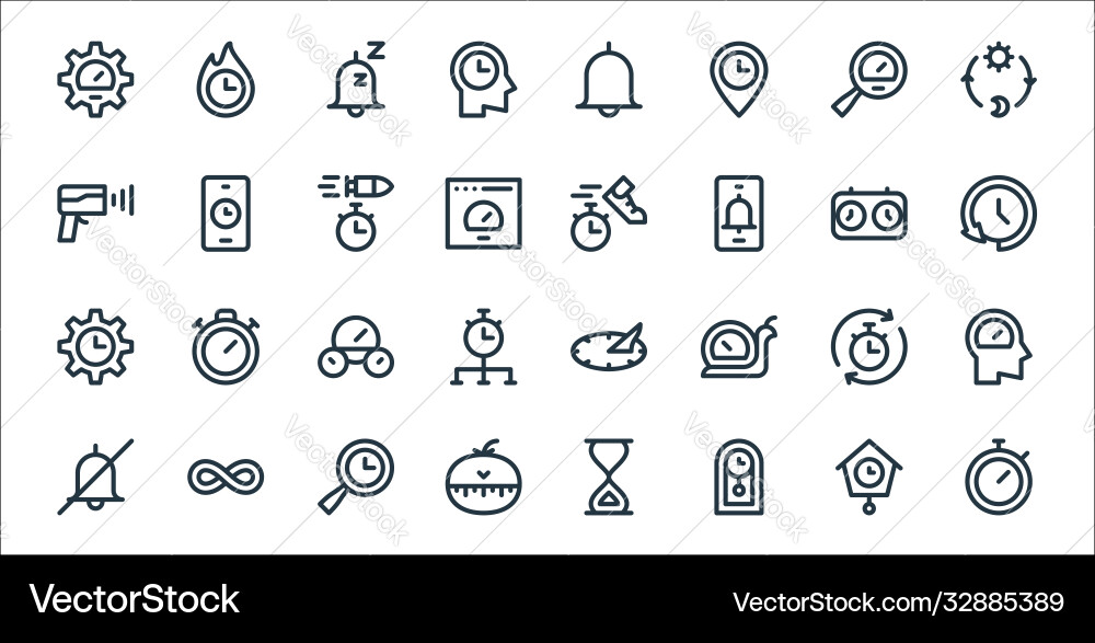Speedometer and time line icons linear set Speedometer and time line icons linear set Vector Image