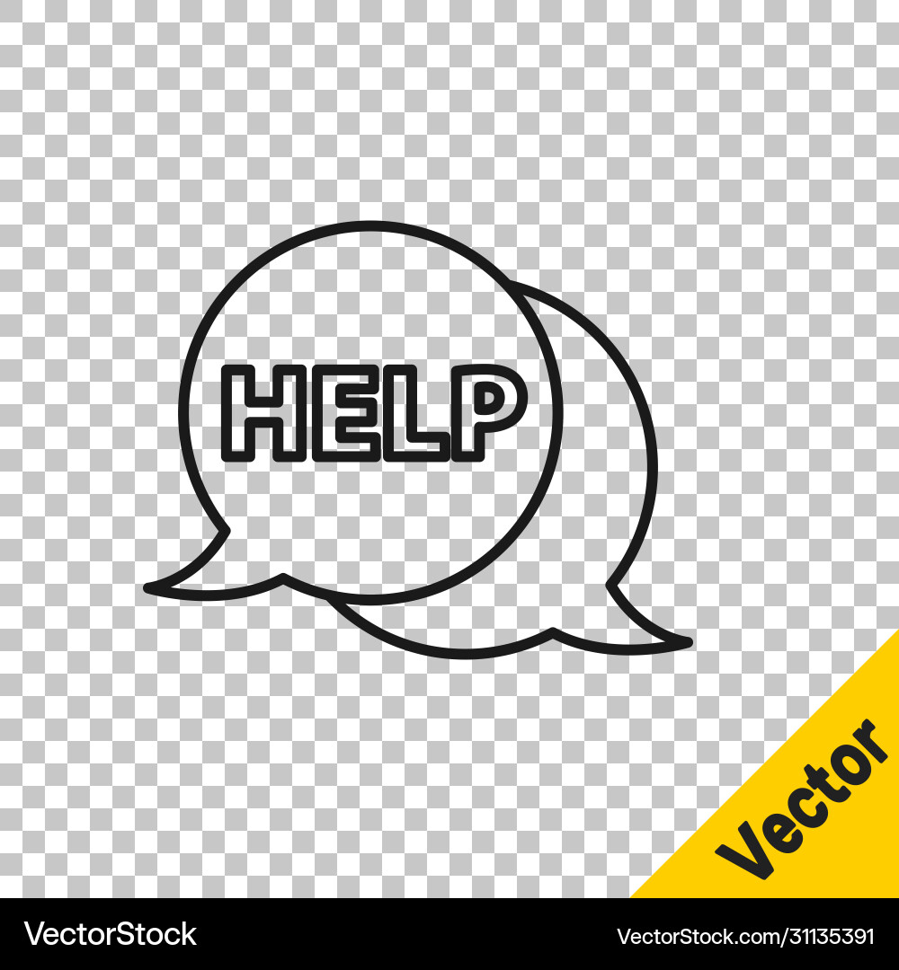Black line speech bubble with text help icon Black line speech bubble with text help icon Vector Image