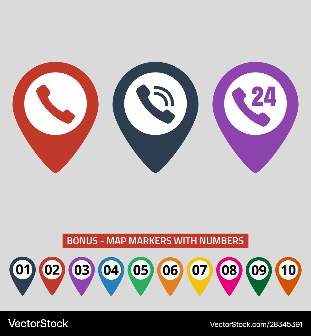 Map pointers with phone handset on grey background Vector Image