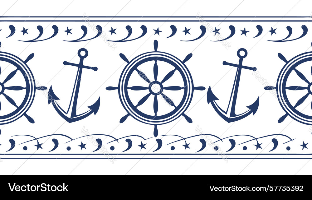 Nautical pattern border with ship wheels and dots vector image