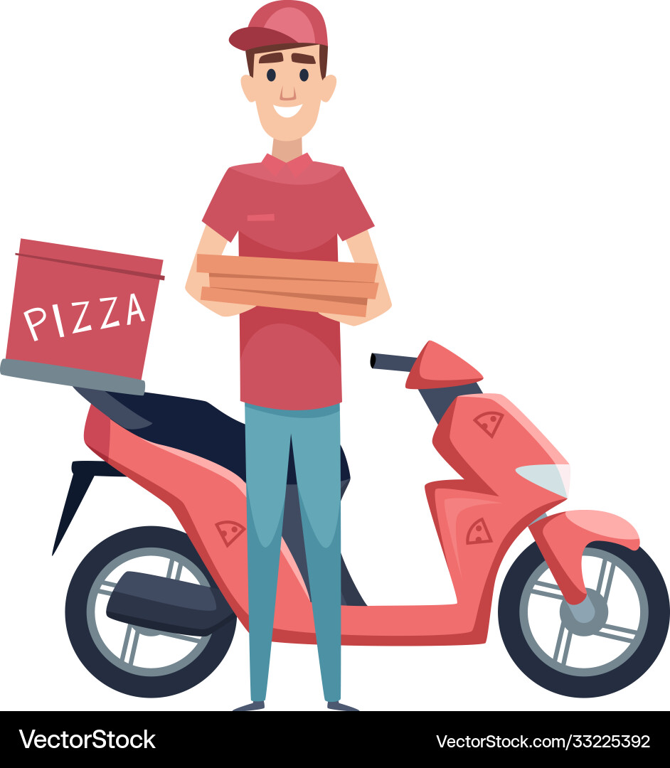 Pizza delivery boy with food boxes and scooter Pizza delivery boy with food boxes and scooter vector image