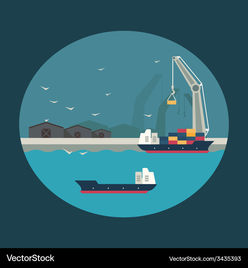 Cargo ship with working crane loading containers Vector Image