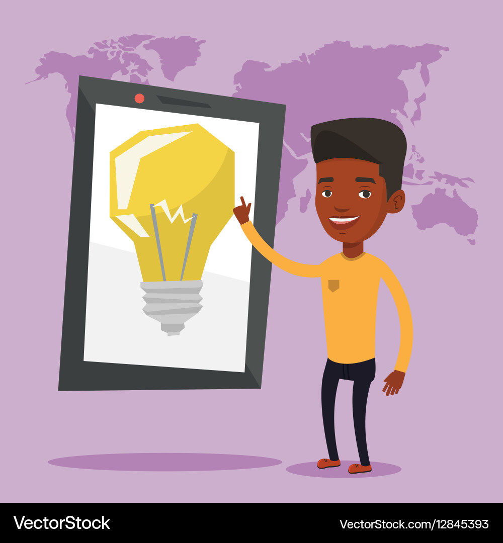 Man pointing at big tablet computer Vector Image
