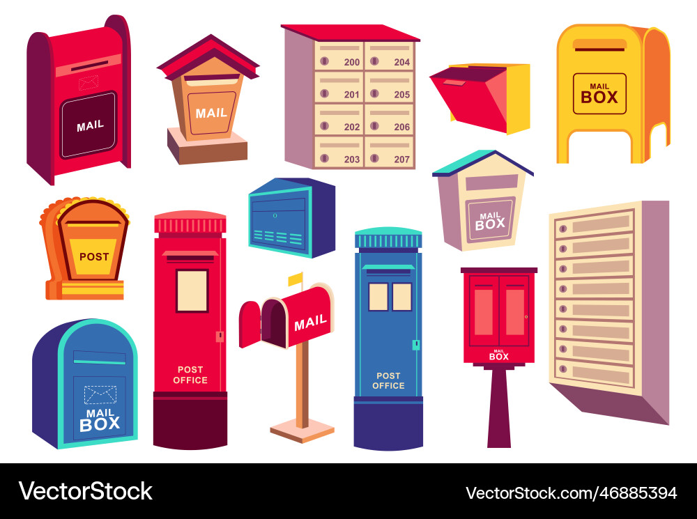 Retro mail boxes mega set elements in flat design vector image