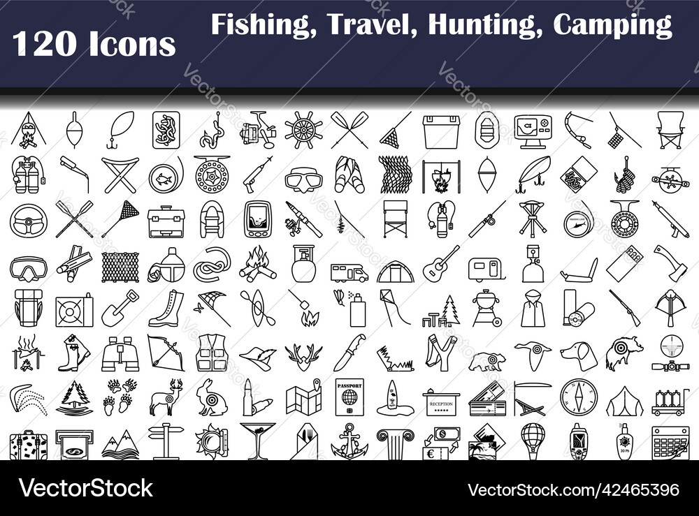 Set of 120 icons fishing travel hunting camping vector image