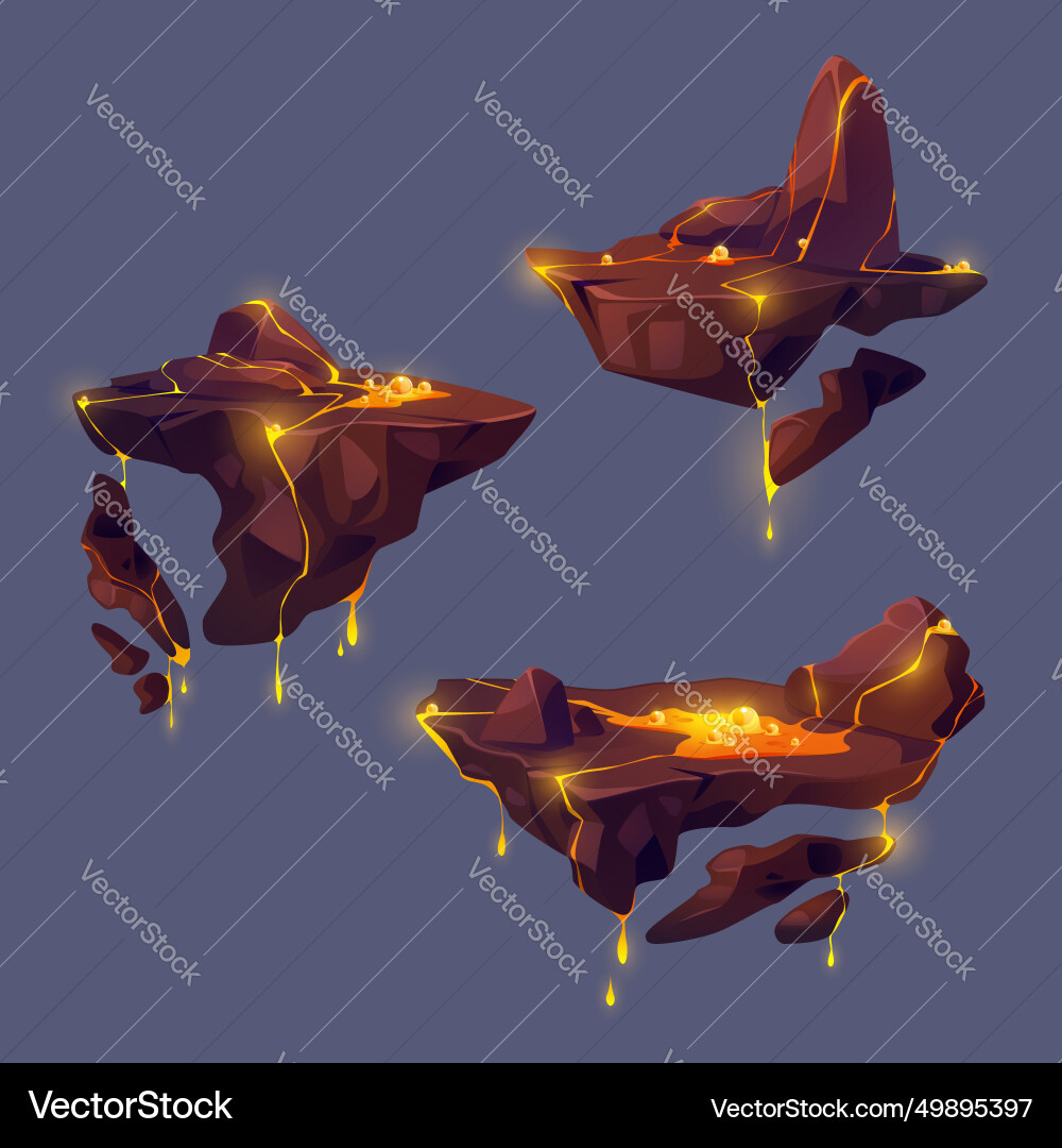 Floating islands of rocky land with lava eruption vector image